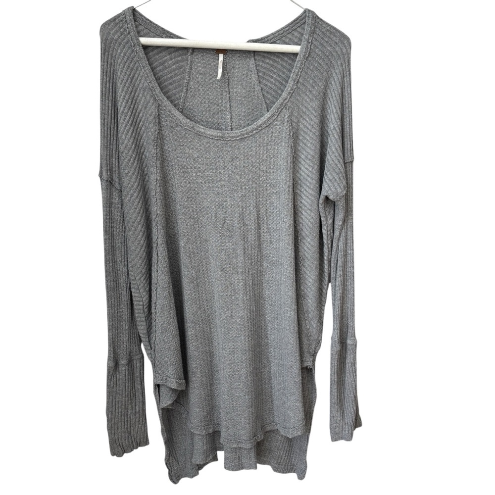 Free People Waffle Knit Top Women’s Large Gray Thermal Long Sleeve Tunic - Picture 1 of 7
